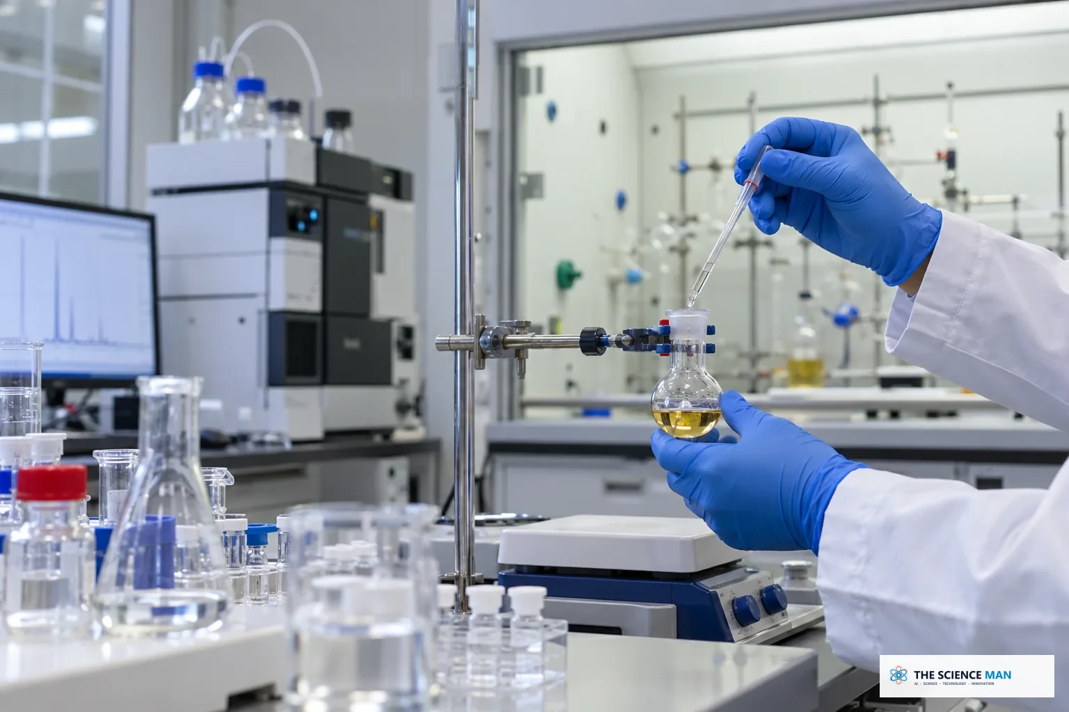Laboratory researcher adds a reagent to a flask in a chemistry lab.