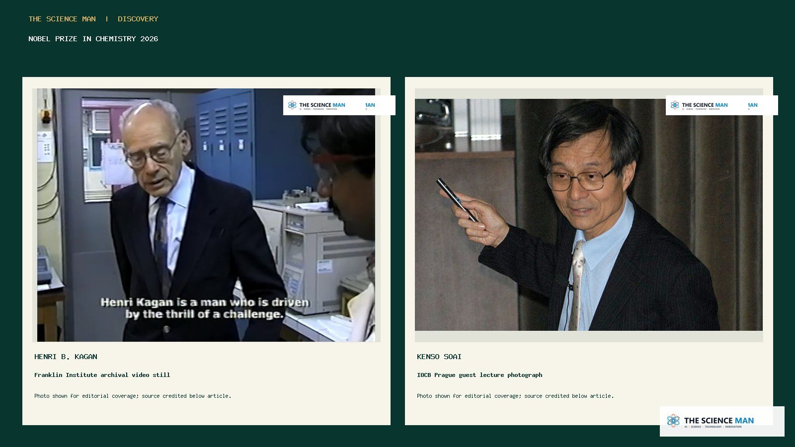 Real archival photographs of 2026 Nobel Prize in Chemistry laureates Henri B. Kagan and Kenso Soai, side by side.