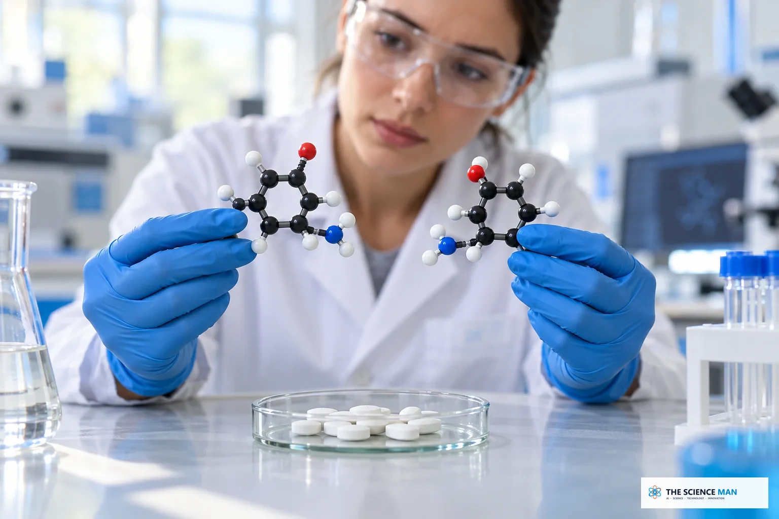 Medicinal chemistry research represented by a scientist studying a molecular compound.