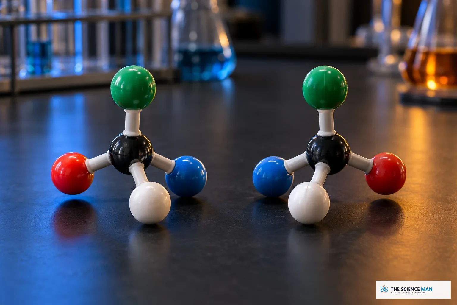 Two mirror-image molecular models illustrate molecular chirality.