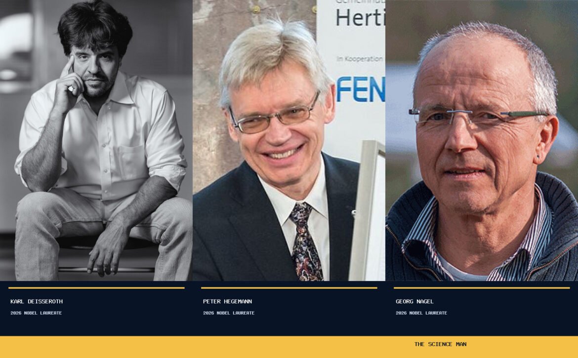 Real photo portraits of the 2026 Nobel Prize laureates Karl Deisseroth, Peter Hegemann and Georg Nagel, with The Science Man branding.