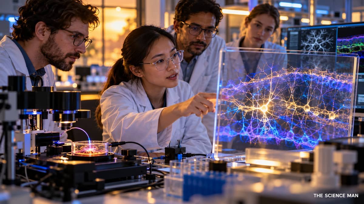 Conceptual editorial image of scientists considering future neural-circuit research.