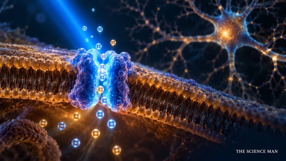Conceptual scientific illustration of blue light opening a light-sensitive ion channel in a neuron.