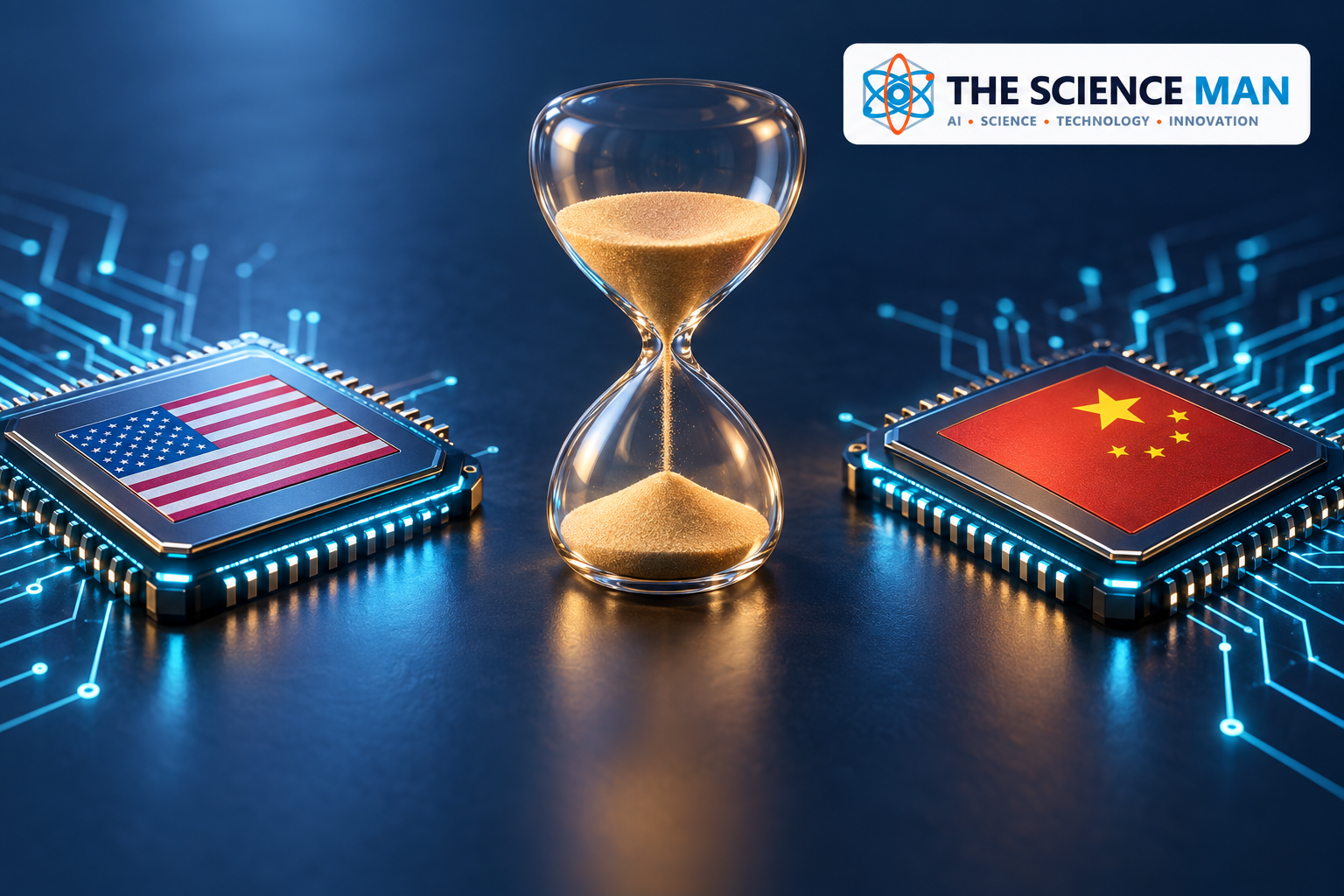 Concept illustration of US and Chinese AI chips separated by an hourglass.
