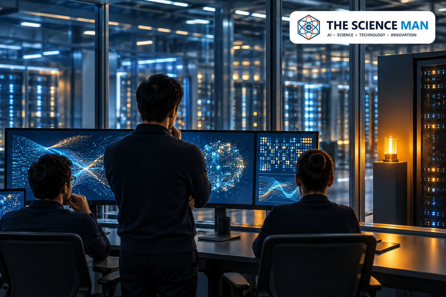 Concept illustration of independent evaluators examining AI systems near a data centre.