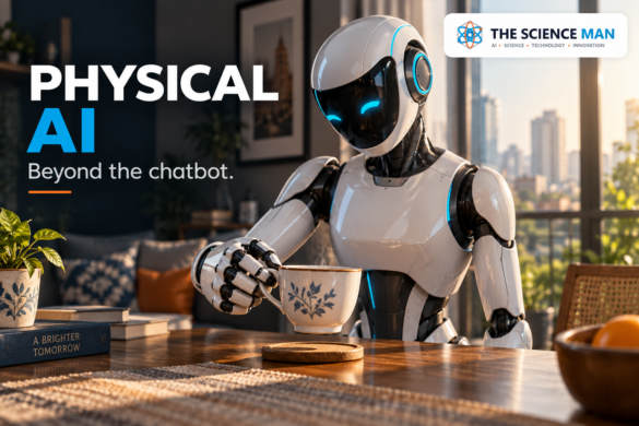 Humanoid robot lifting a tea cup in a sunlit Indian apartment, illustrating physical AI.
