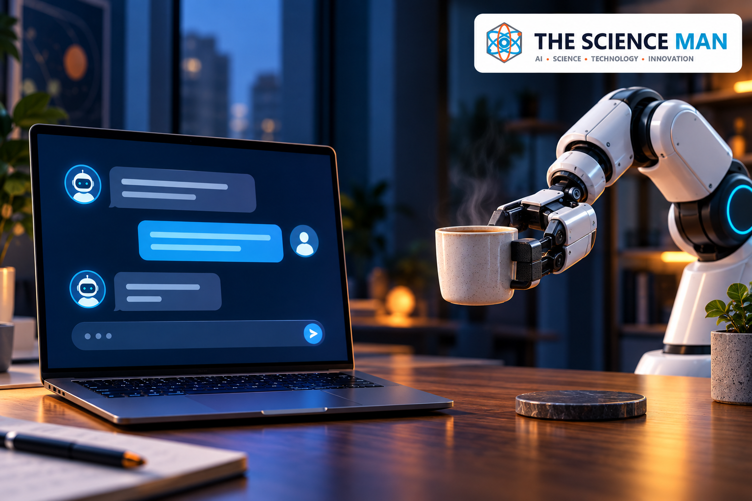 Laptop chat interface beside a robot arm holding a cup, contrasting digital output with physical action.
