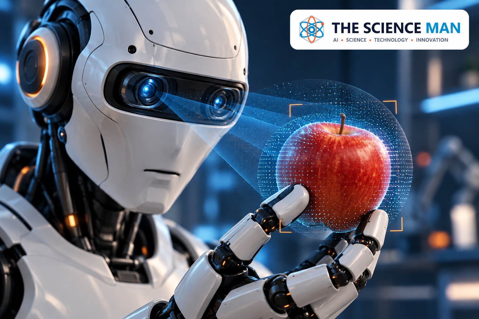 Robot cameras observing an apple with a conceptual depth-sensing overlay.