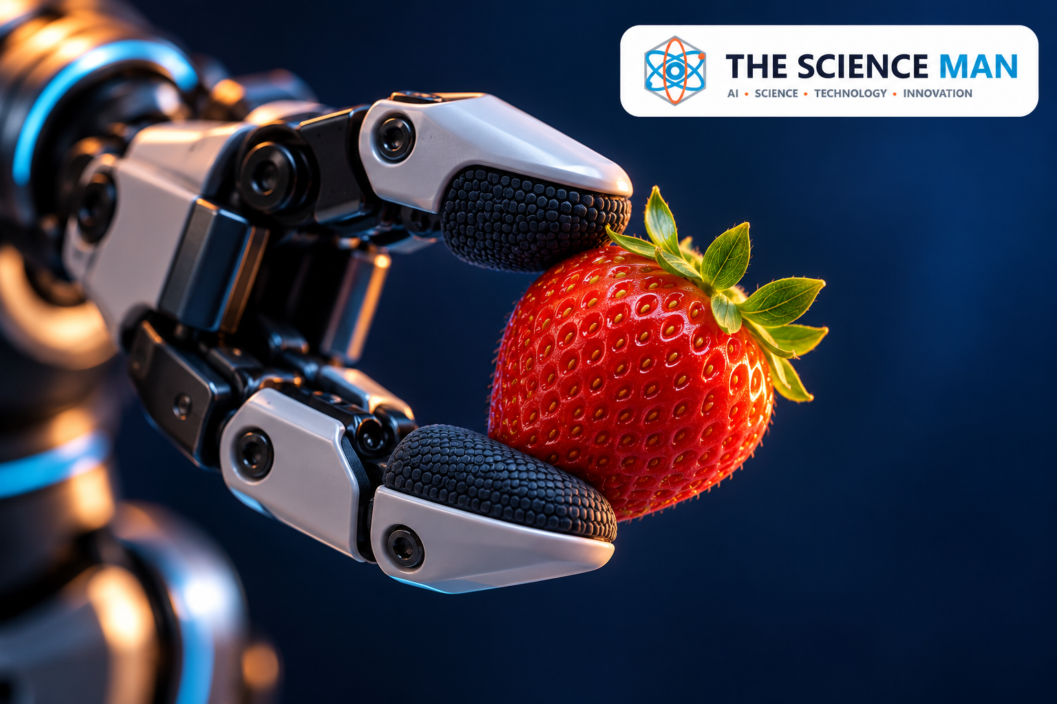 Robotic gripper gently holding a strawberry, illustrating delicate object handling.