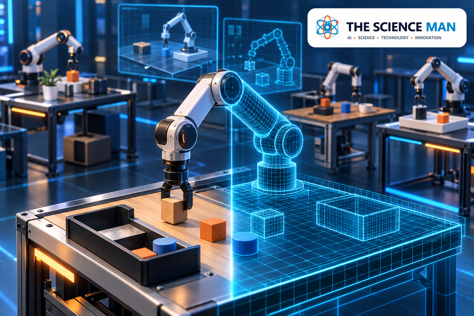 Robot training workstations blending a virtual wireframe environment with a realistic scene.