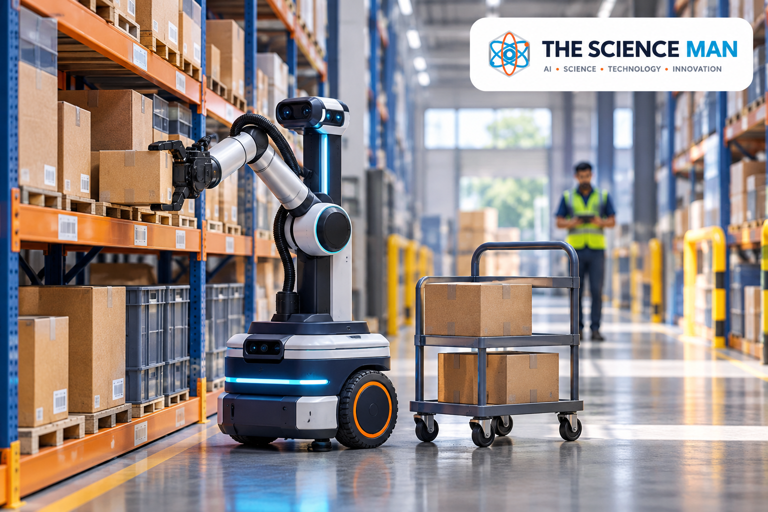 Wheeled robot moving a carton in a warehouse beside a trolley.