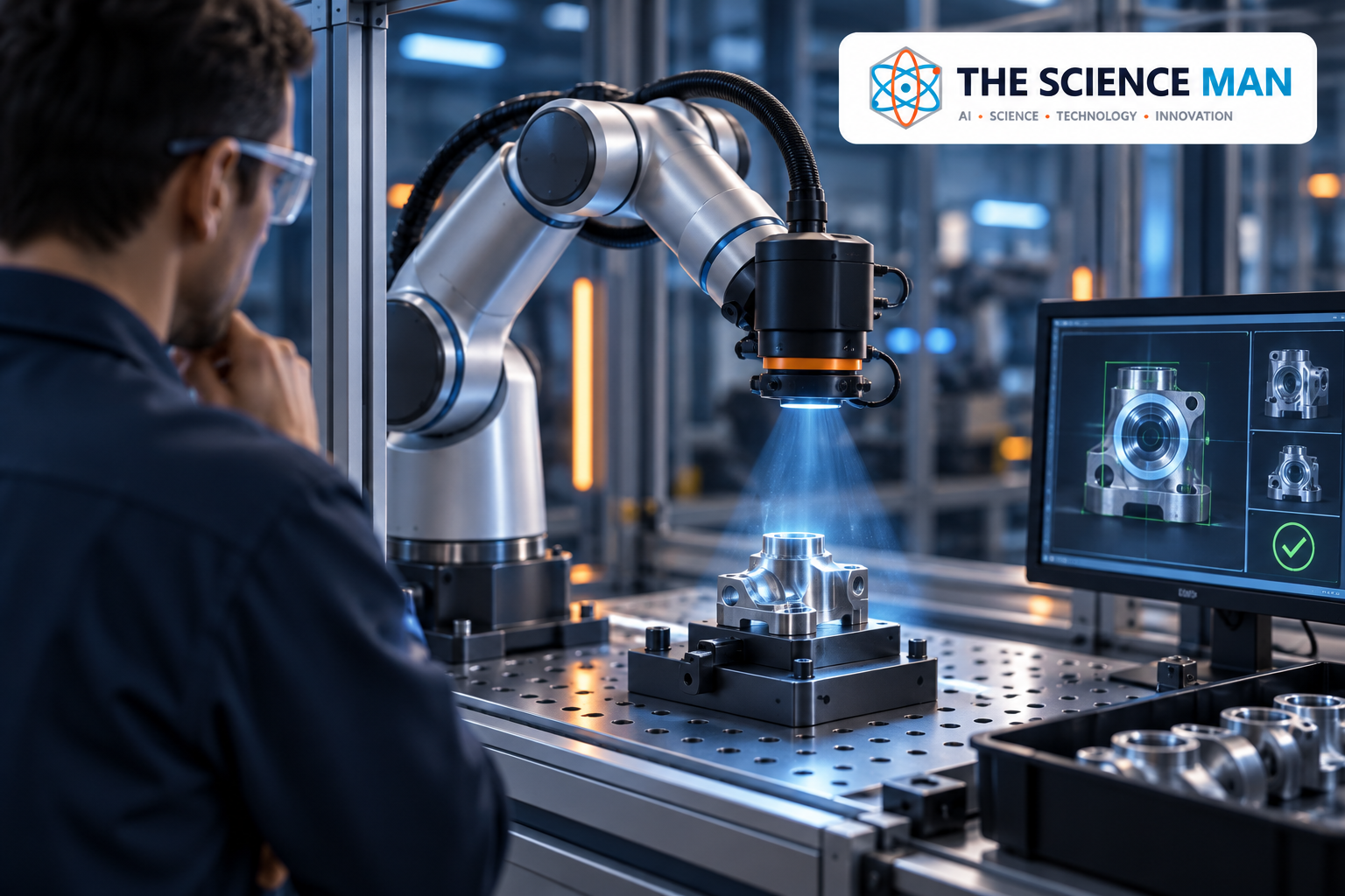 Robot and vision camera inspecting a metal component while an engineer observes.