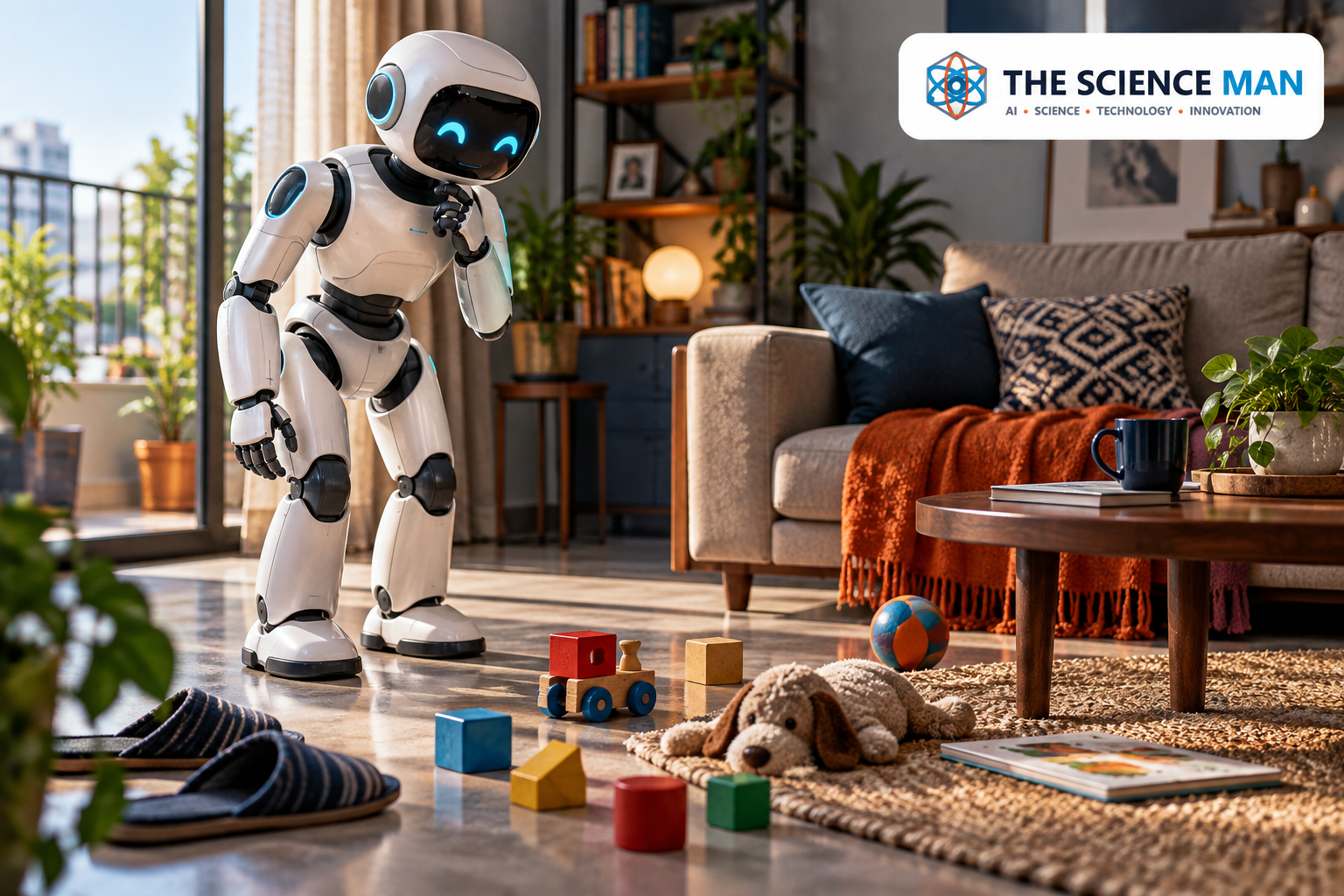 Home robot facing toys, slippers and a rug in a lived-in room.