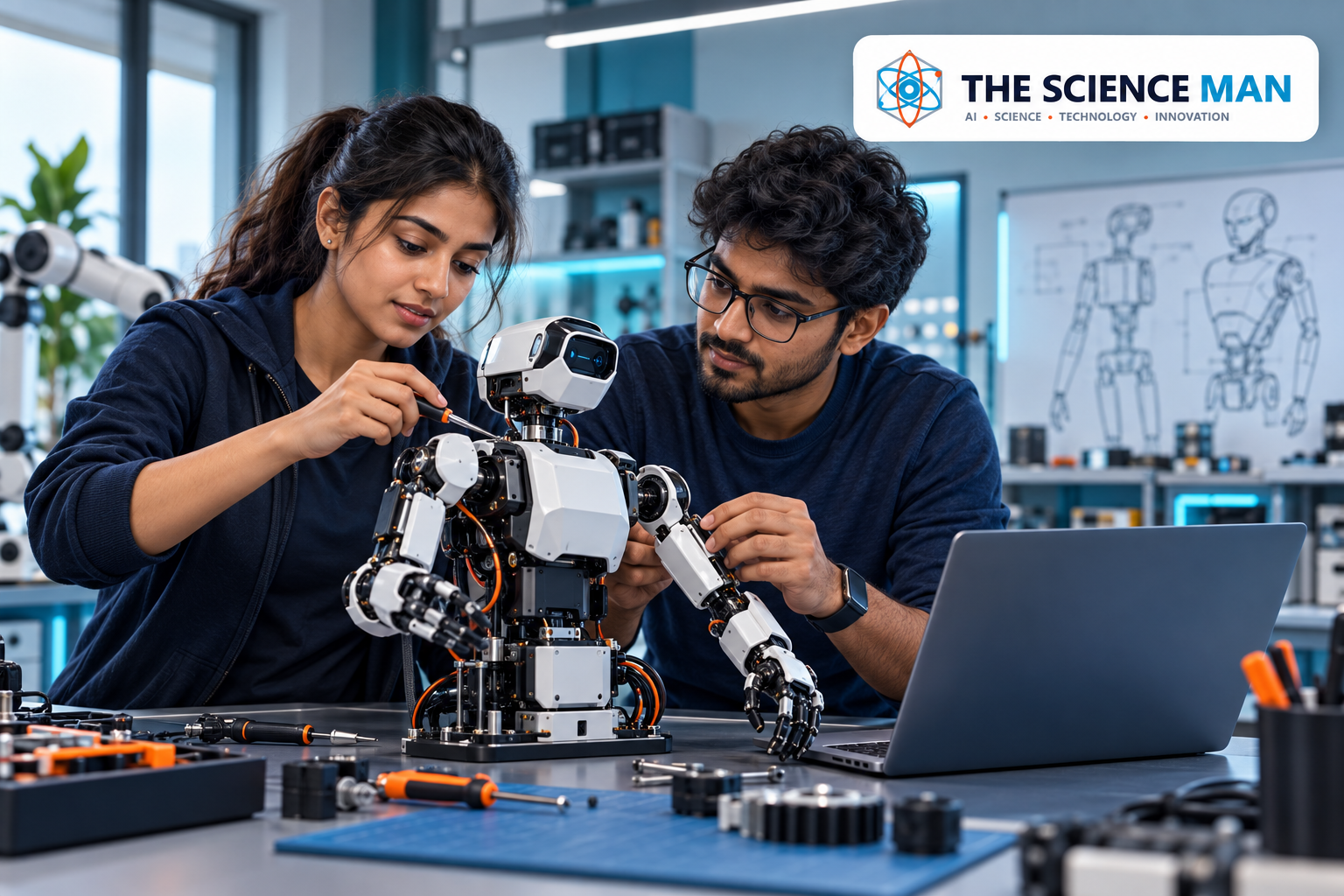 Two Indian engineering students working on a tabletop robot in a laboratory.
