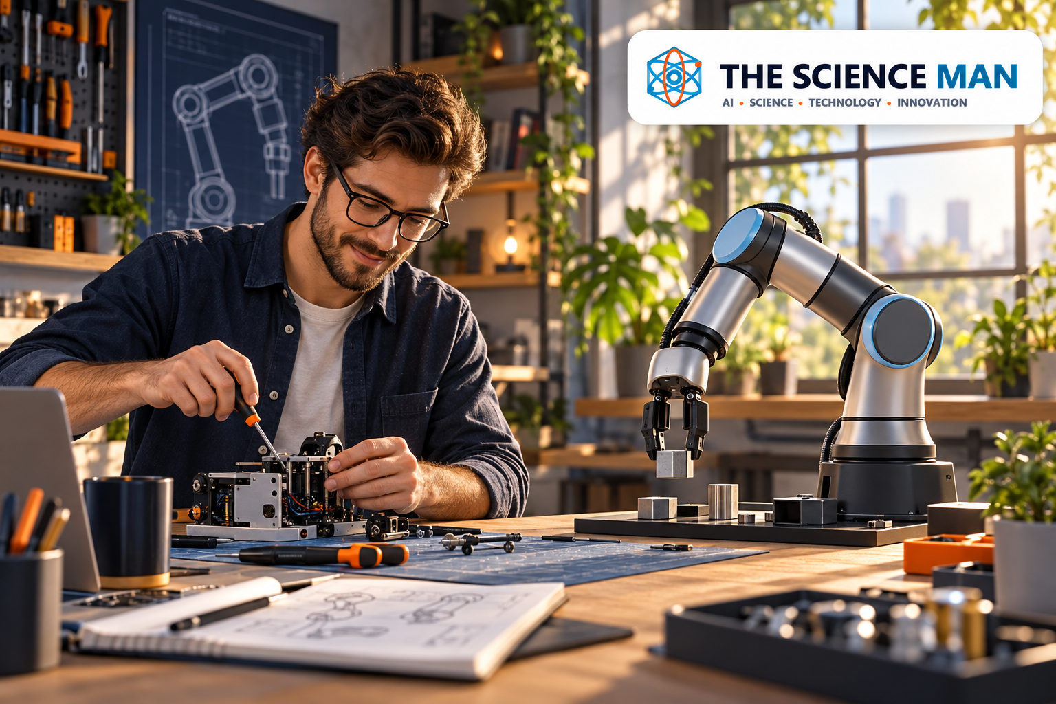 Engineer and robot arm working at adjacent stations in a sunlit workshop.
